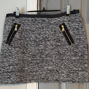 Express Black and White Tweed Mini Skirt with Gold Zipper Details and Pockets